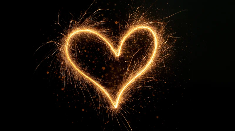 Heart shape drawn with glowing golden sparkler light trails against dark background