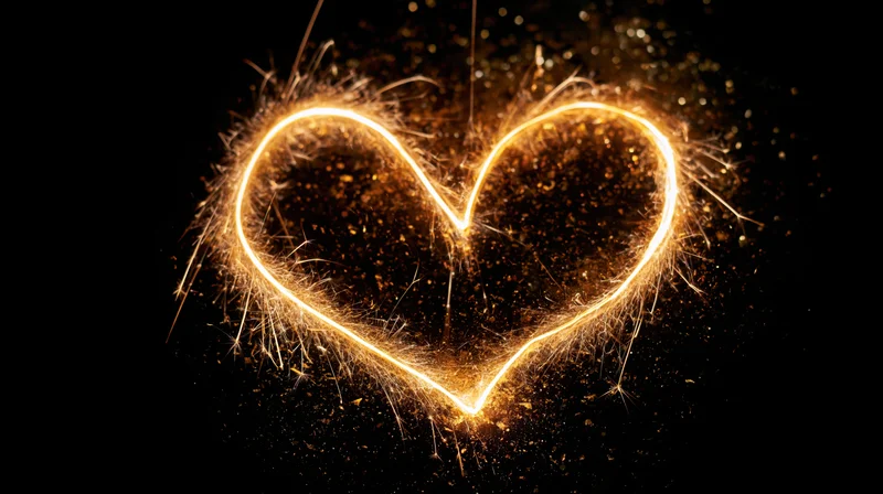 Heart shape drawn with glowing golden sparkler light trails against dark background