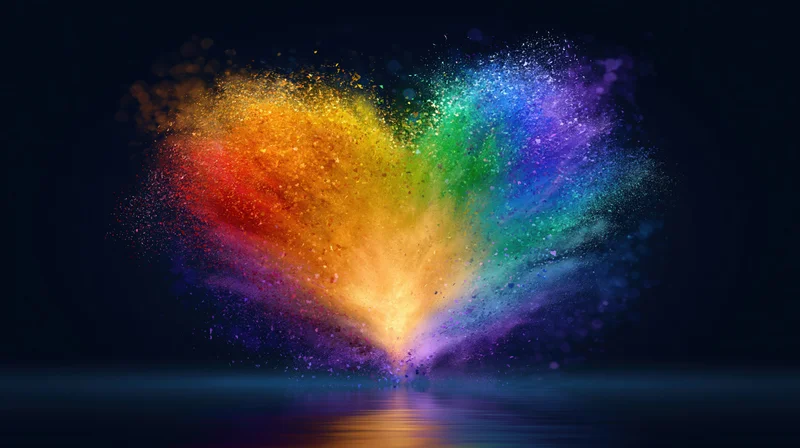 Heart shape formed from glowing rainbow-colored particles exploding in dark space with reflection on water surface