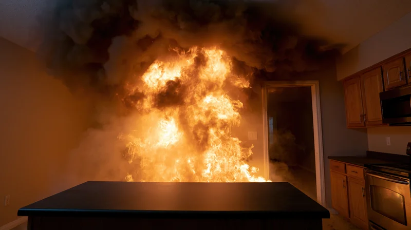 Intense fire burning in a residential kitchen interior with thick smoke and flames engulfing the space