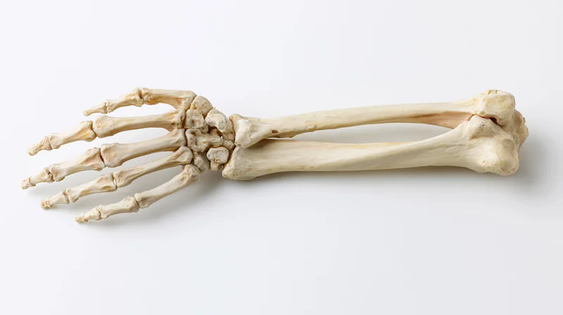 Human forearm and hand skeleton specimen showing radius and ulna bones on white background