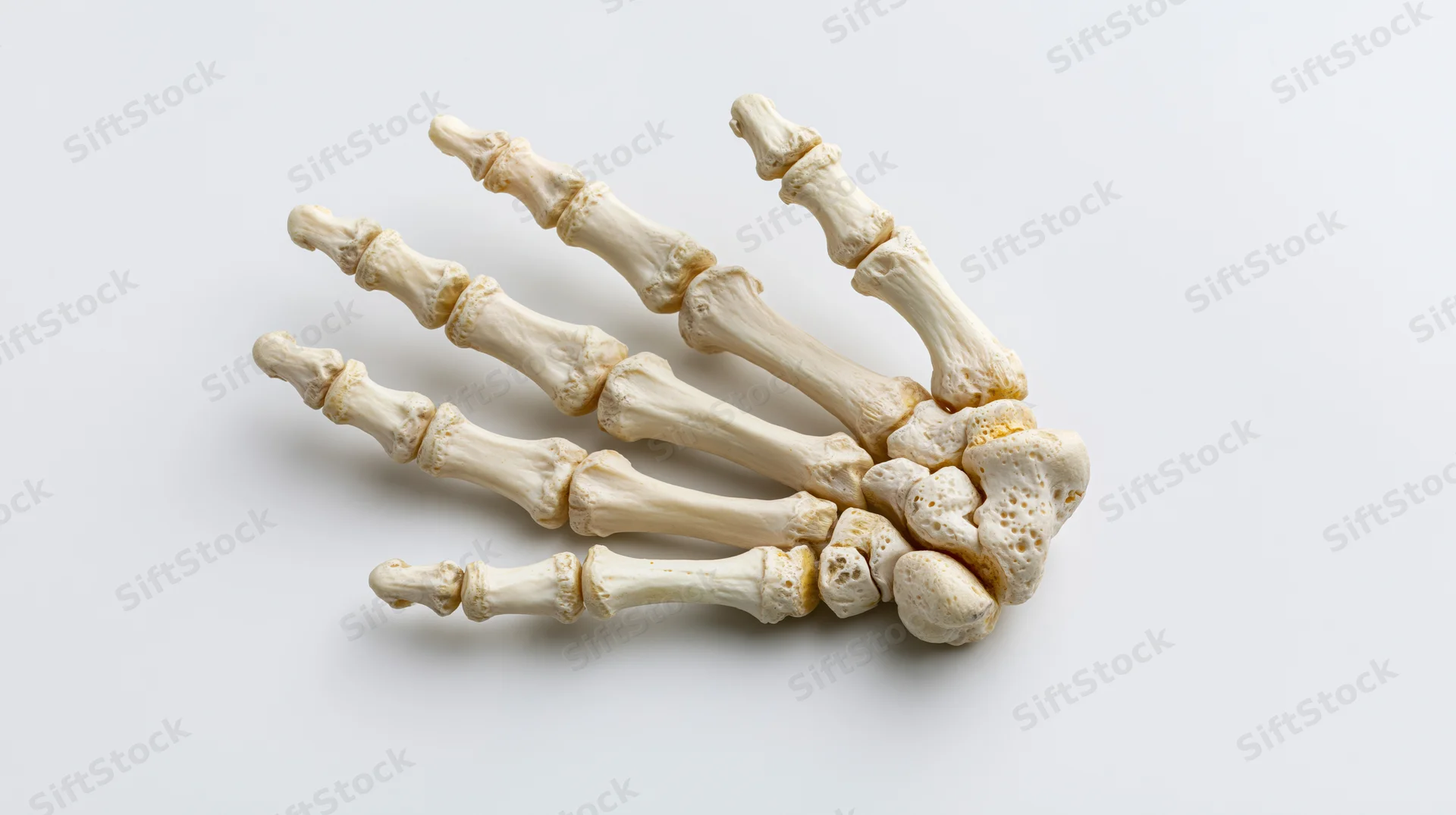 Anatomical model of human hand and wrist bones on white background
