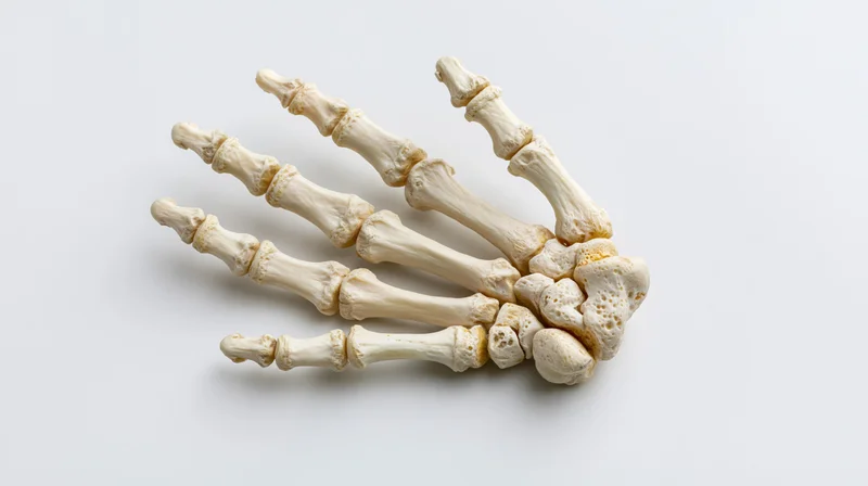 Anatomical model of human hand and wrist bones on white background