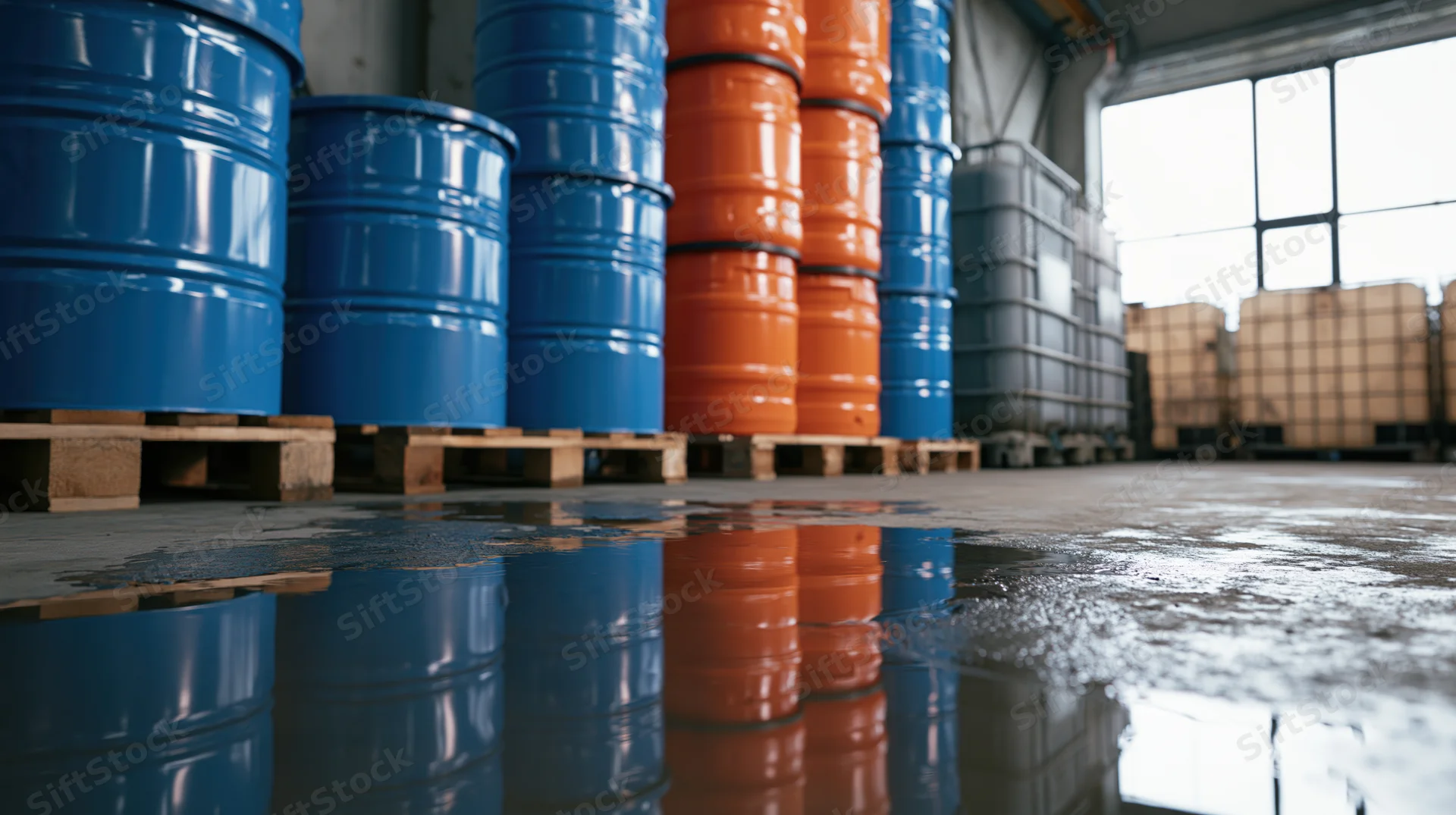Blue and orange chemical barrels stacked on pallets in a warehouse with water reflection on the floor