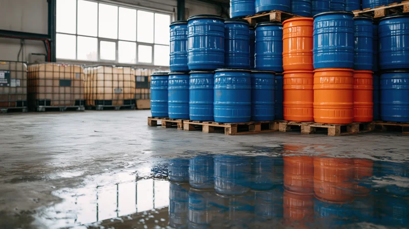 Blue and orange chemical barrels stacked on pallets in a warehouse interior with wet concrete floor reflecting the barrels