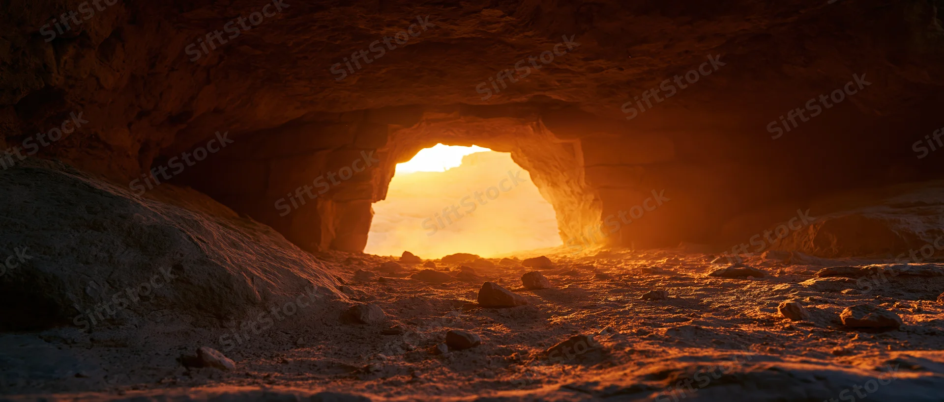 View from inside a dark ancient stone cave looking toward a sunlit entrance at sunset