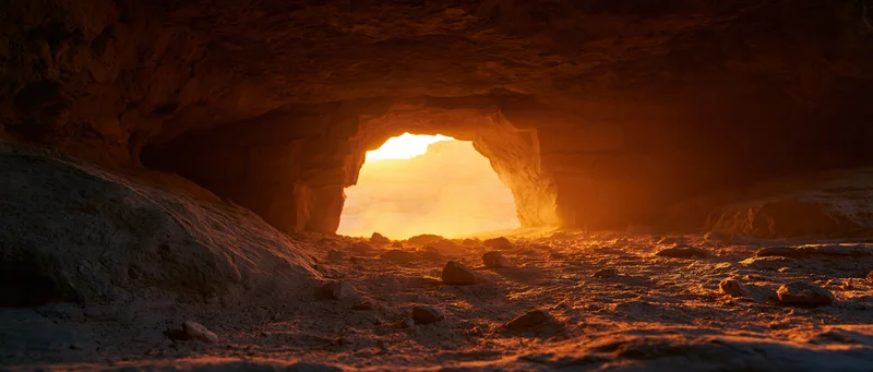 View from inside a dark ancient stone cave looking toward a sunlit entrance at sunset