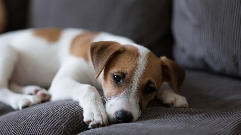 Jack russell terrier puppy lying on dark grey corduroy couch