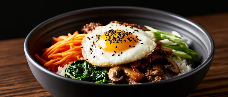Korean bibimbap in a dark ceramic bowl topped with a fried egg and vegetables on a wooden table