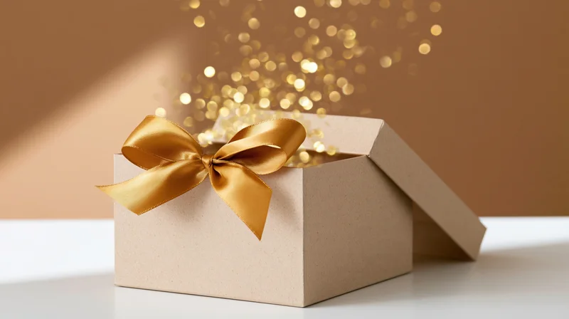 Open kraft paper gift box with gold satin bow and sparkling bokeh light inside, on white surface