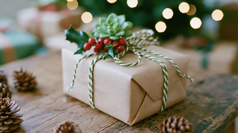 Kraft paper wrapped gift tied with green-and-white twine and holly berries on wooden table with pinecones and blurred holiday lights in background
