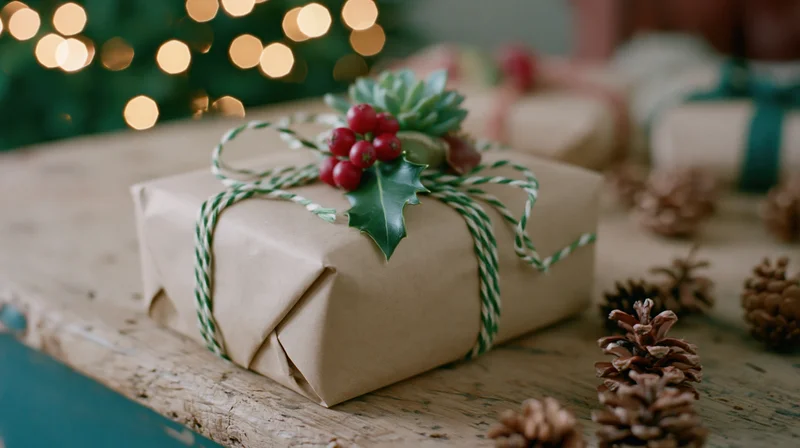 Christmas gift wrapped in kraft paper with holly and berries on wooden table near lights