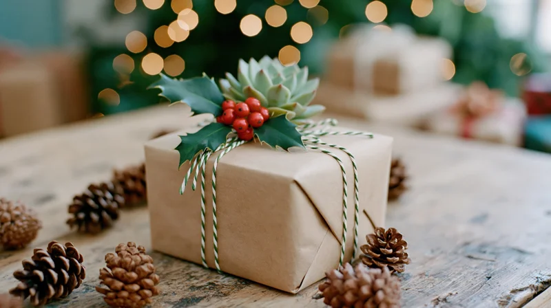 Kraft paper wrapped gift decorated with holly and berries on wooden table with pinecones and blurred holiday lights in background
