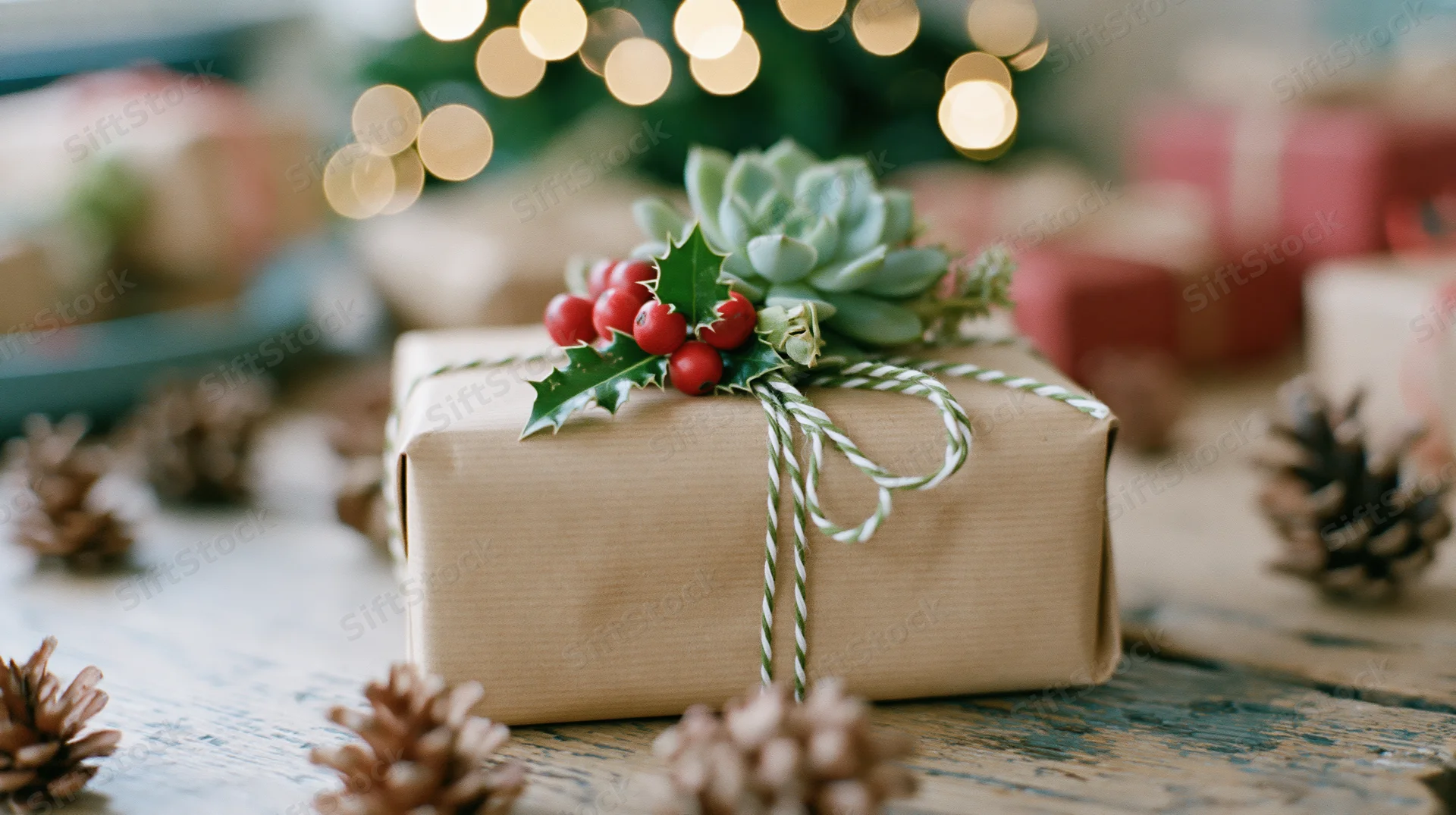 Christmas gift wrapped in kraft paper with succulent and holly decoration on wooden table surrounded by pinecones and festive lights
