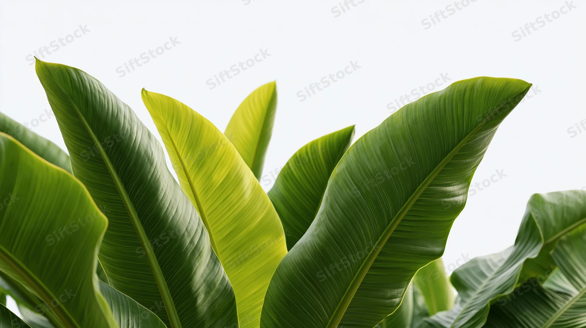 Banana plant leaves filling the frame against a white background