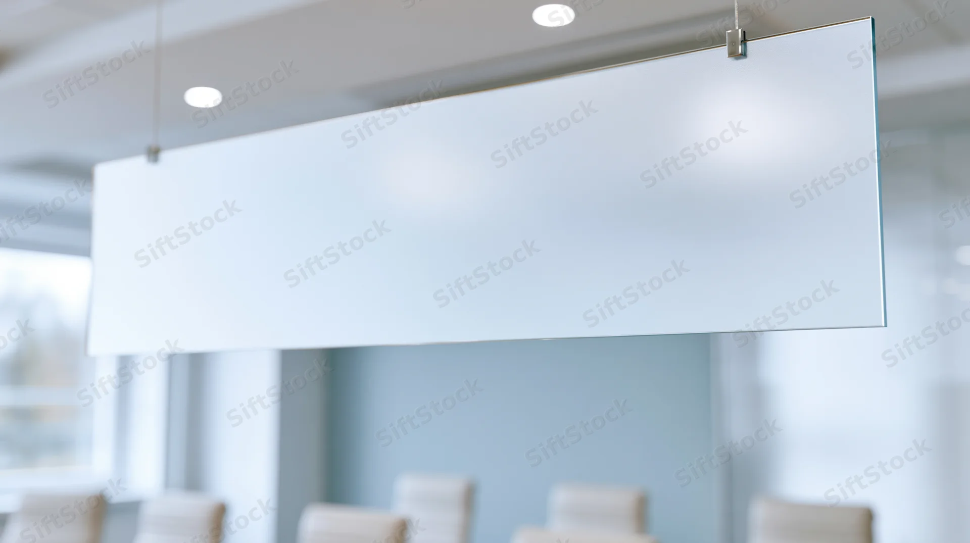 Frosted glass panel suspended from ceiling in modern office conference room