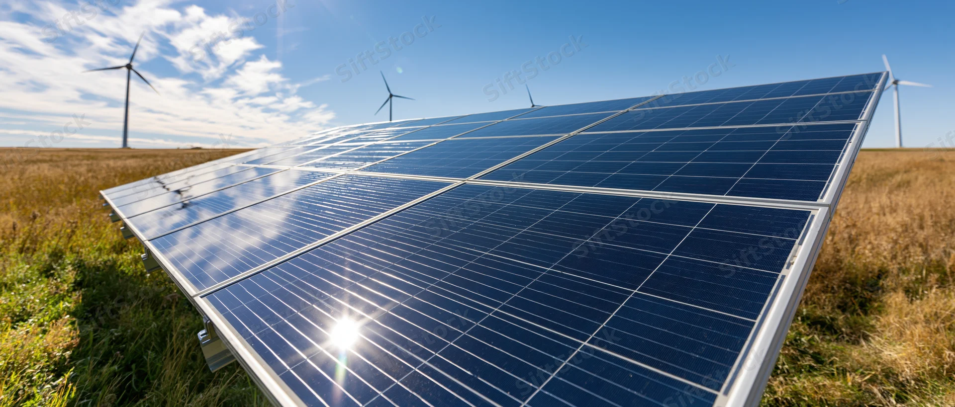 Solar panels angled toward the sun in a grassy field with wind turbines in the background