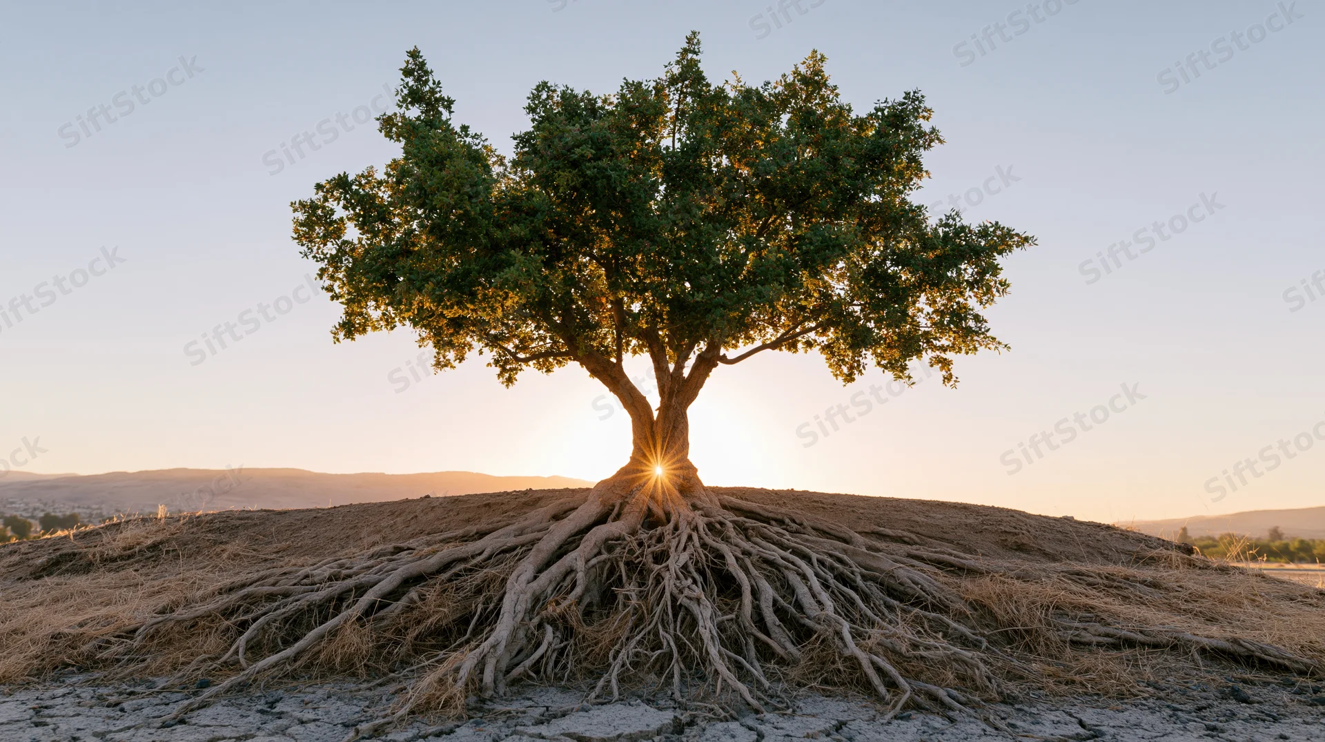 Solitary tree with exposed roots on a dry hill at sunset