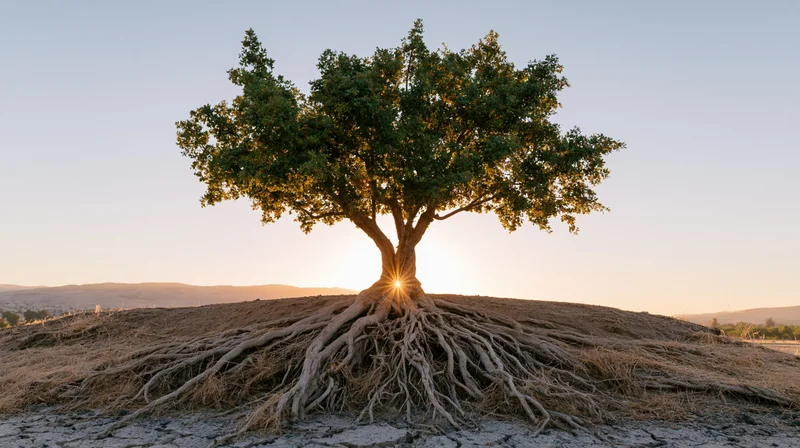 Solitary tree with exposed roots on a dry hill at sunset