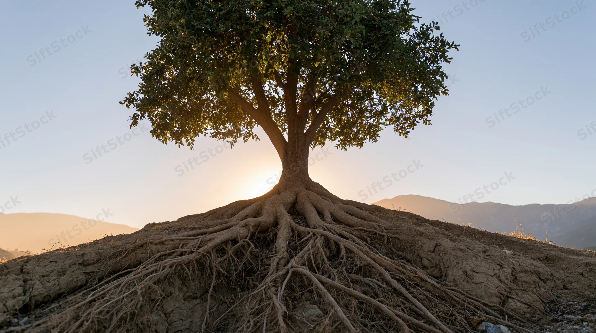 Solitary tree with exposed roots rising from dry soil at sunset against mountains