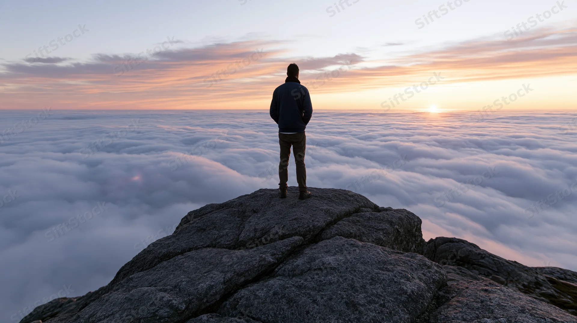 Man standing on rocky mountain summit above clouds at sunrise