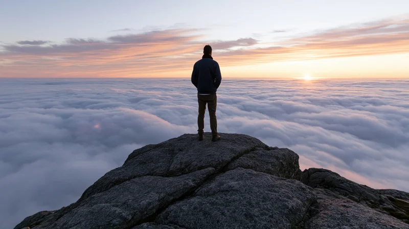 Man standing on rocky mountain summit above clouds at sunrise