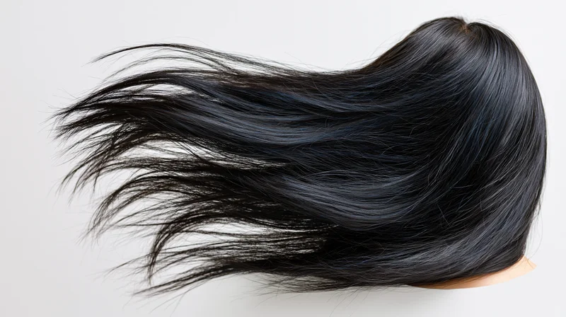 Long black hair flowing in wind on white background