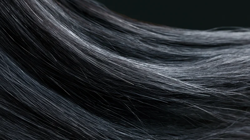 Closeup of long dark black hair flowing horizontally across the frame