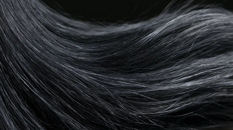 Closeup of long dark black hair flowing horizontally with glossy texture