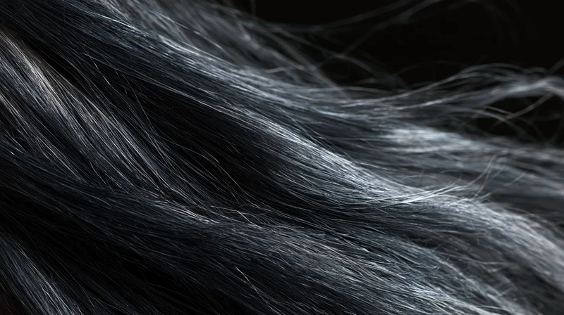 Closeup of long dark black hair flowing horizontally across the frame