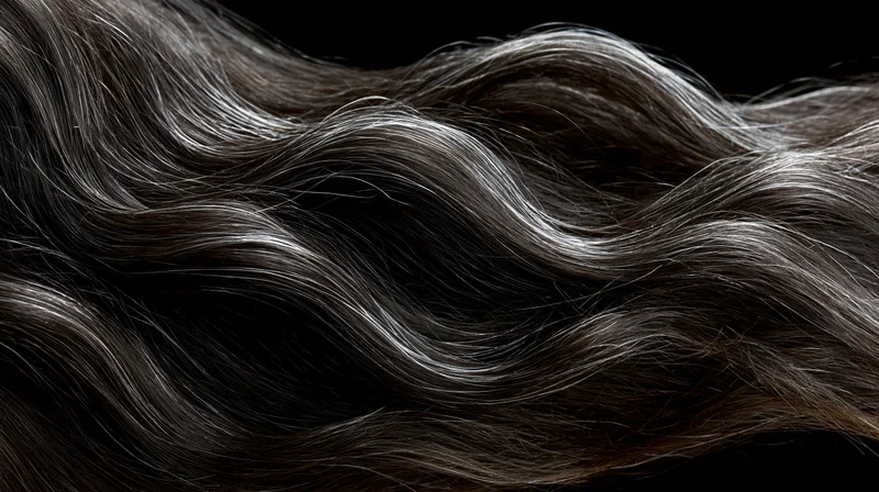Dark wavy hair flowing horizontally against black background