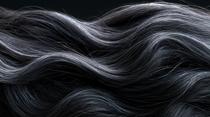 Flowing dark wavy hair with silver highlights against black background