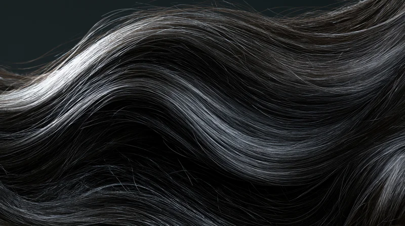 Dark wavy hair flowing horizontally against dark background