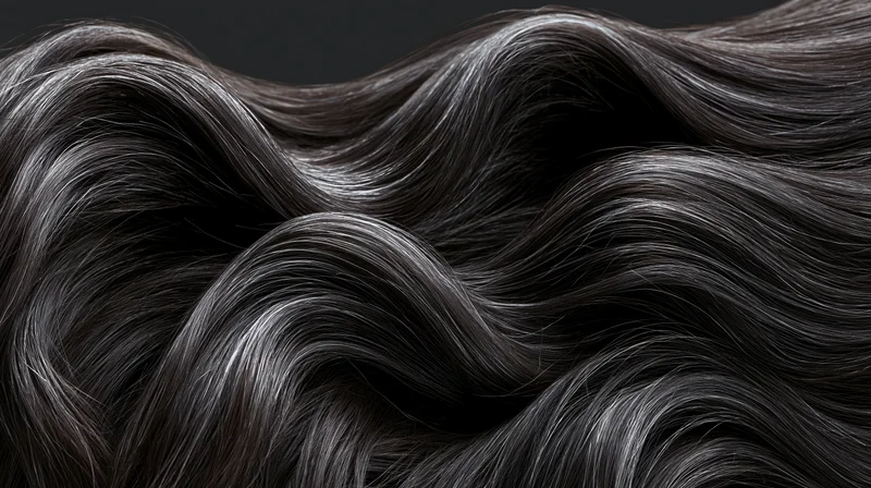Dark wavy hair flowing in wind filling the frame