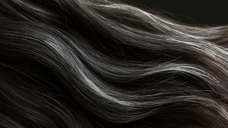 Dark wavy hair flowing horizontally in wind, closeup view