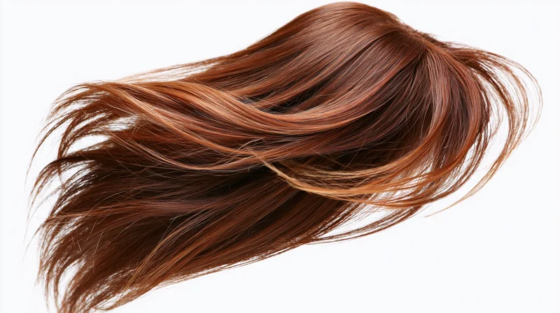 Flowing auburn hair mid-motion isolated against white background