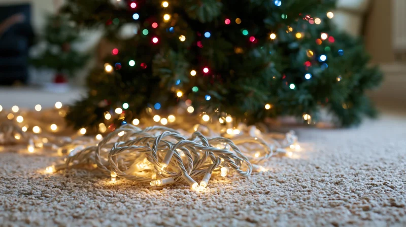 Tangled white string lights on carpet beneath a christmas tree indoors
