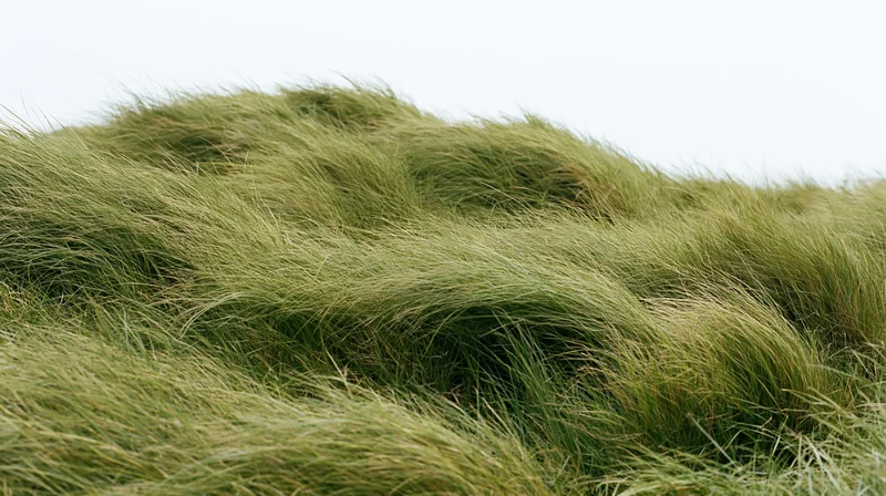 Dense wild grass meadow flowing in wind on rolling terrain