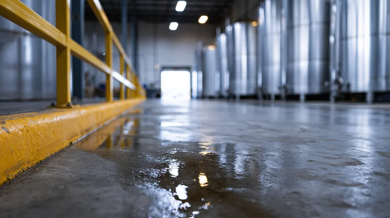 Wet concrete floor in industrial warehouse with yellow safety railing and stainless steel tanks in background