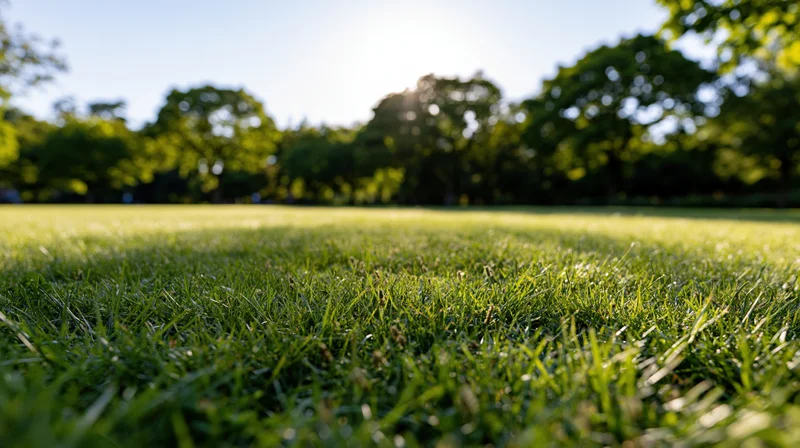 Low wide-angle view across a neatly trimmed green lawn in a park with trees and sunlight in the background