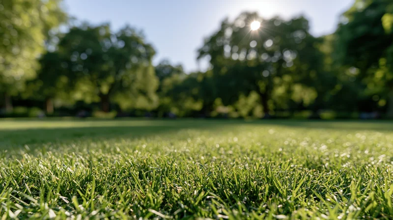 Low wide-angle view across a neatly trimmed green lawn stretching toward trees under bright sunlight in a park