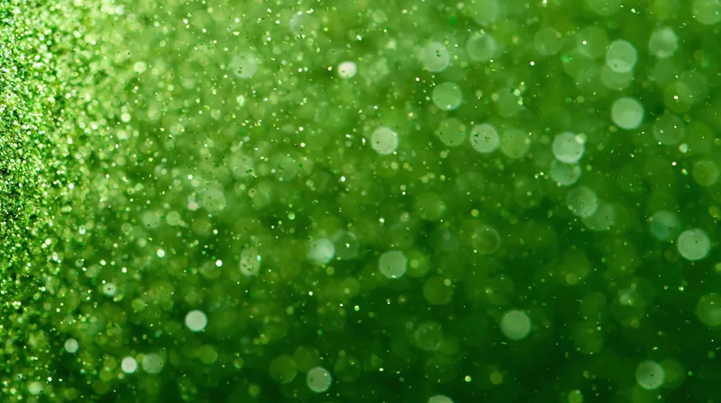 Macro closeup of suspended green glitter particles floating in soft focus with bokeh highlights
