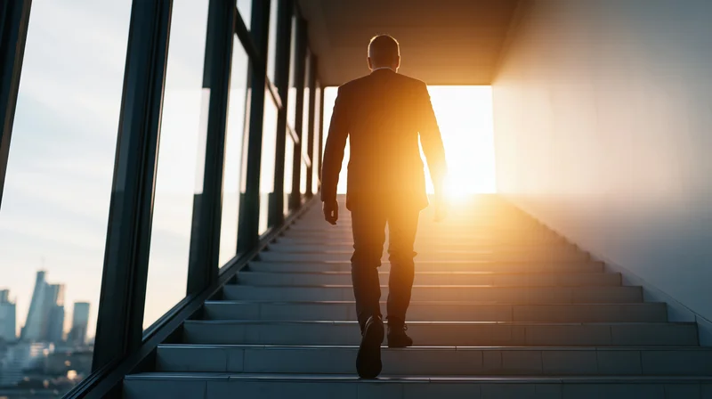 Businessman in suit walking up wide staircase toward bright light in modern office building