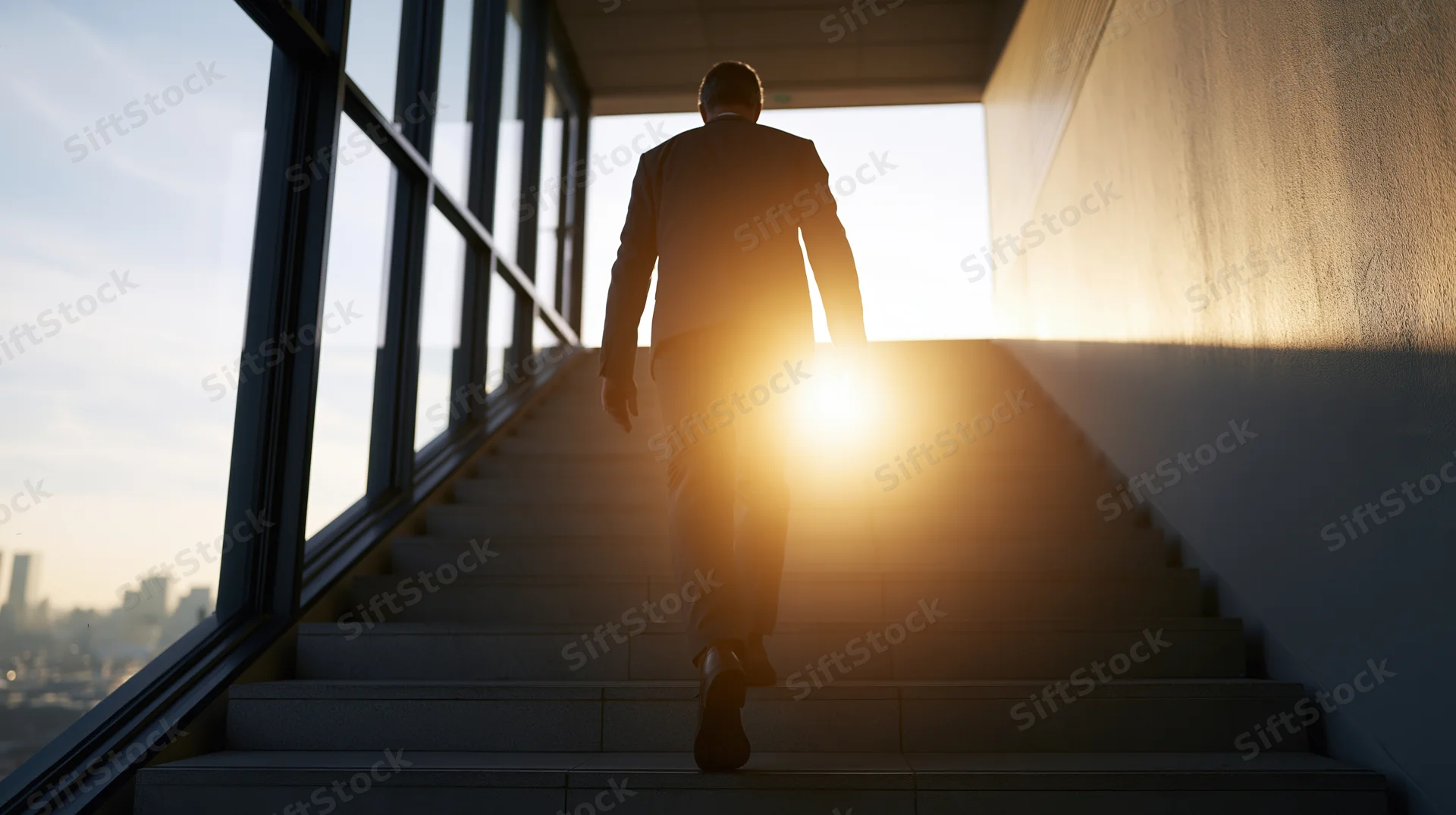 Businessman in suit walking up wide staircase toward sunrise in modern office building