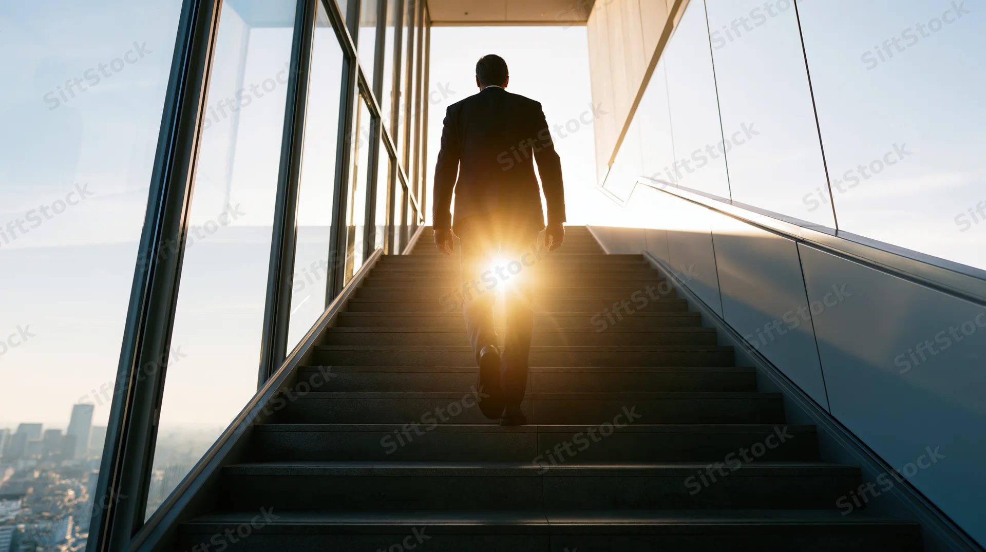 Businessman in suit walking up wide staircase toward bright sunlight in modern office building