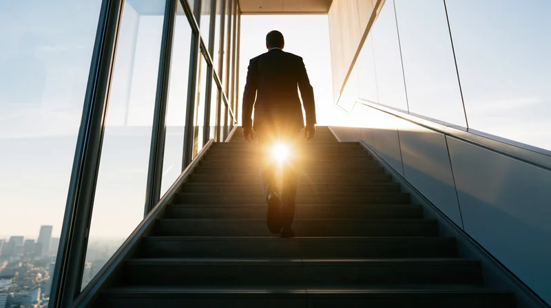 Businessman in suit walking up wide staircase toward bright sunlight in modern office building