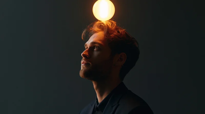 Man in profile with lightbulb above his head against dark background