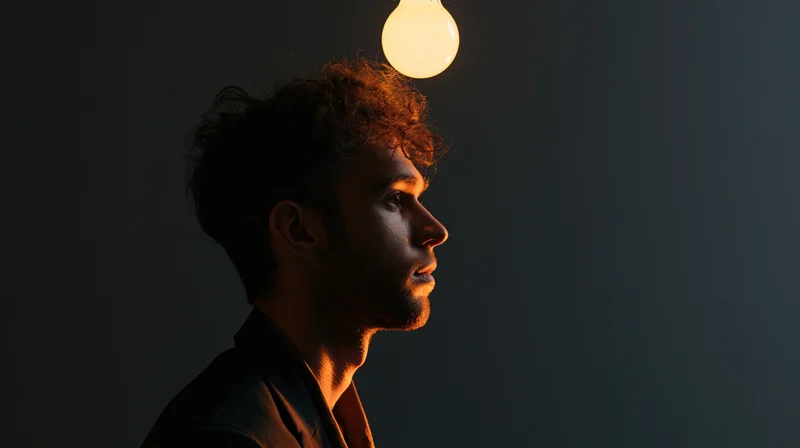 Man in profile silhouette with glowing lightbulb above his head against dark background