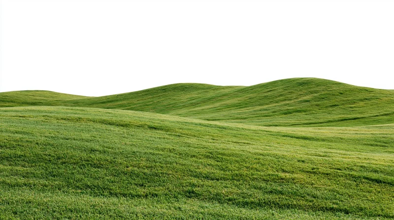 Gently rolling green grass hills of a manicured golf course fairway under bright sky