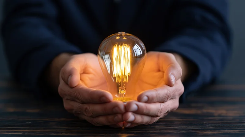 Man's hands cupping a glowing edison-style lightbulb on a dark wooden table